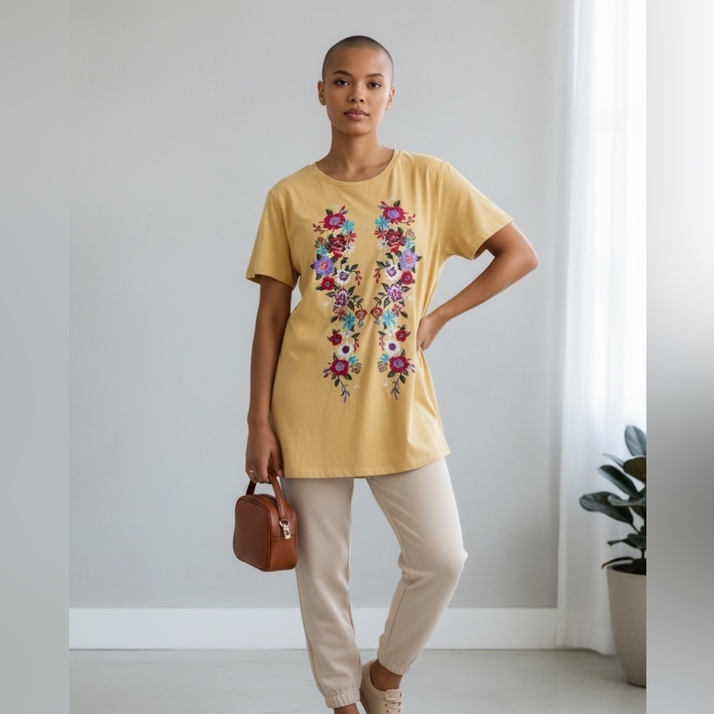 Umgee Mustard Yellow Floral Embroidered Tunic Top Size Large Boho Tee